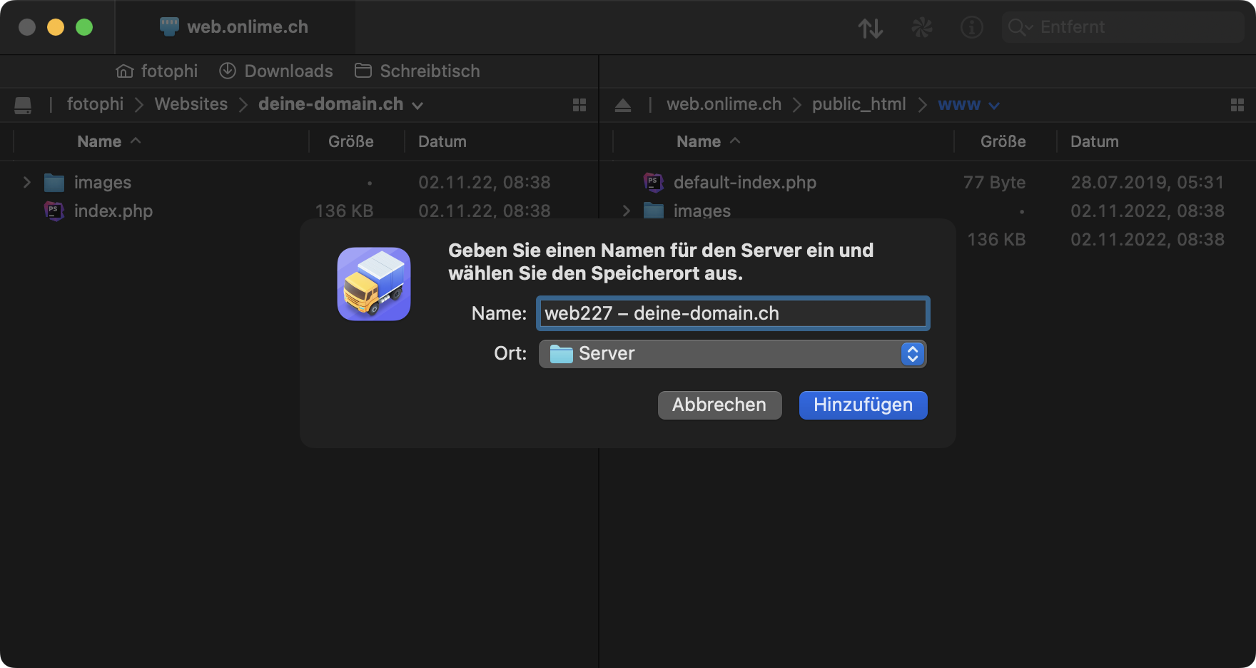 Server-Name / Speicherort