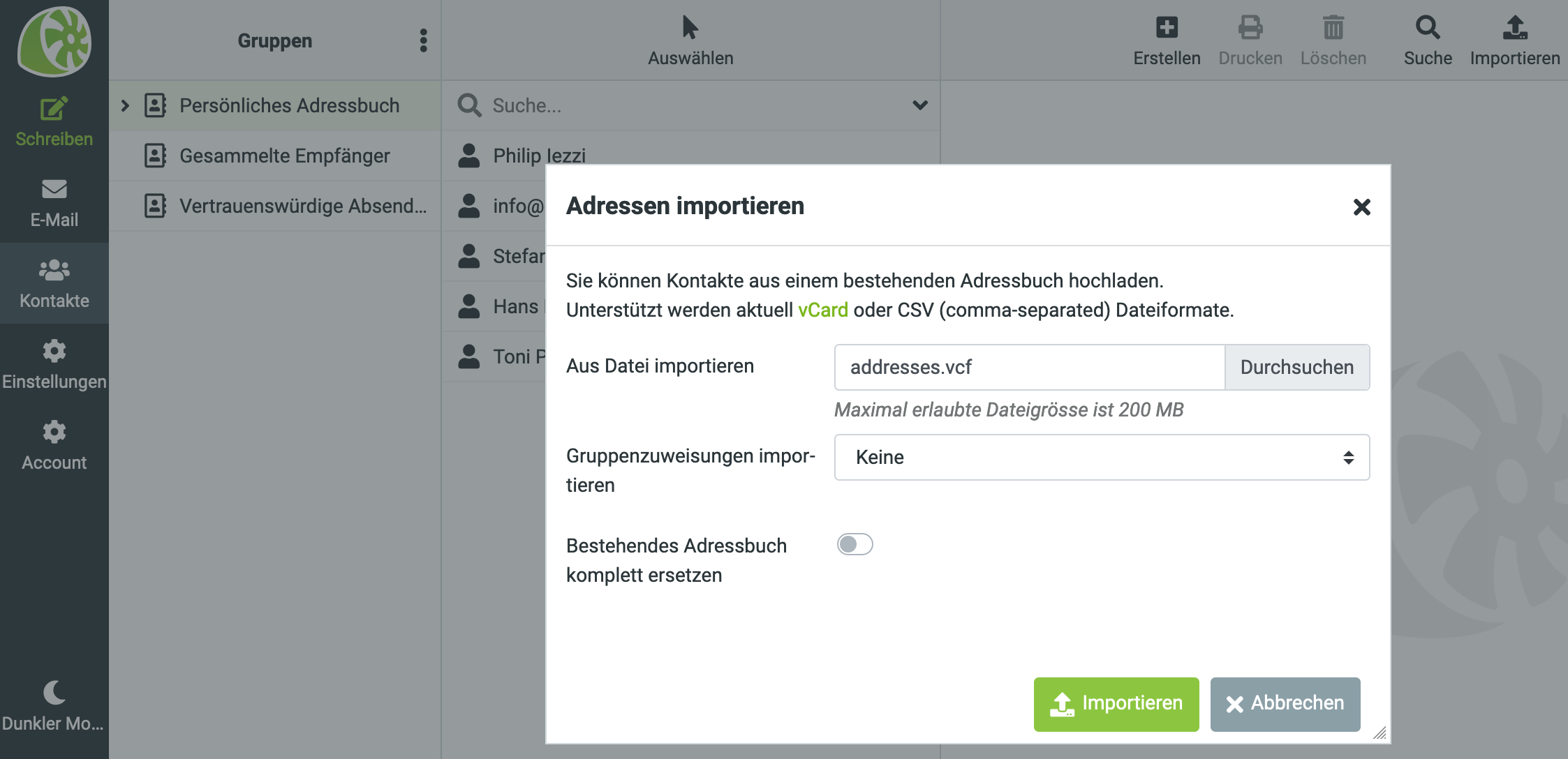 Import ins Adressbuch