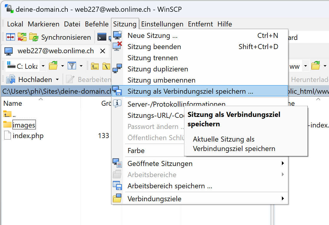 Sitzung als Verbindungsziel speichern